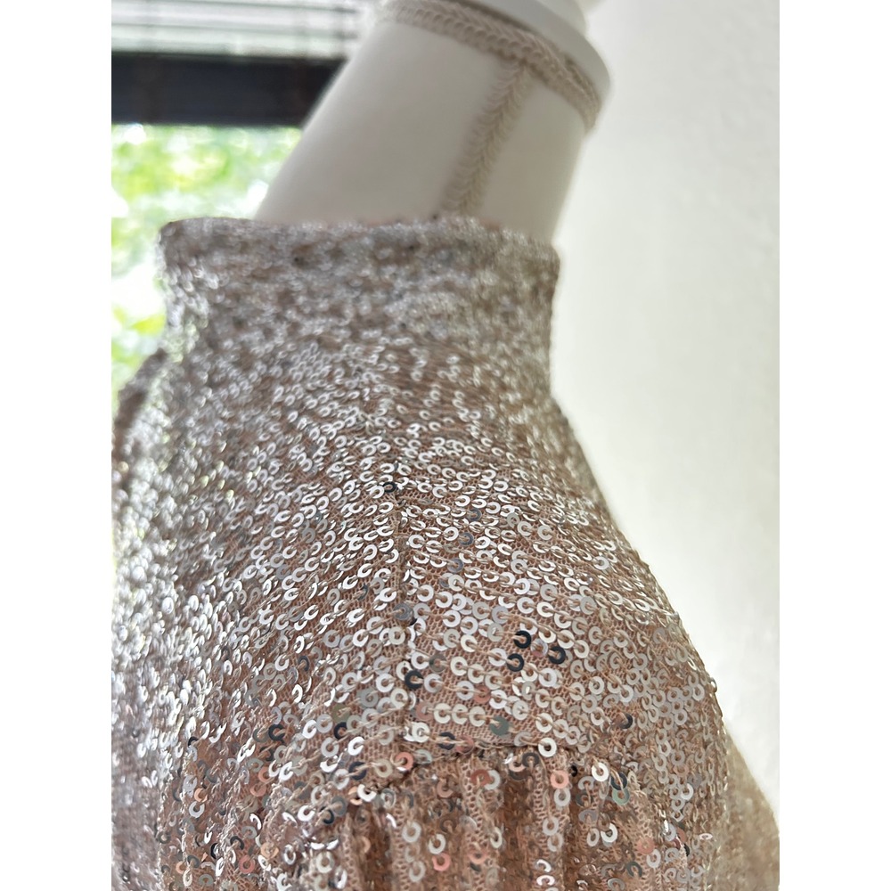 Rose Gold Sequin Mock Neck Long Sleeve Tulip Mini‎ Dress Deadstock - Picture 3 of 5